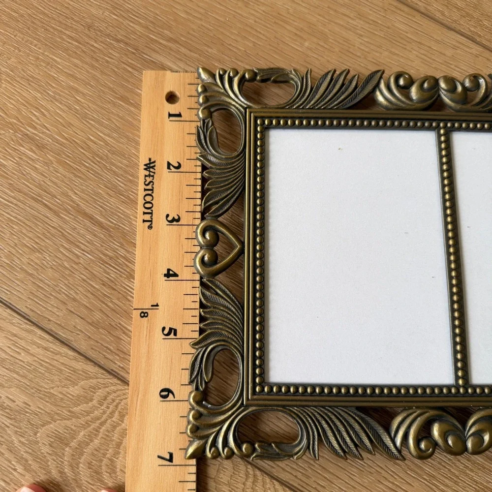 Vintage Ornate Brass Metal Double Picture Frame Heart Scrollwork 3x4.5